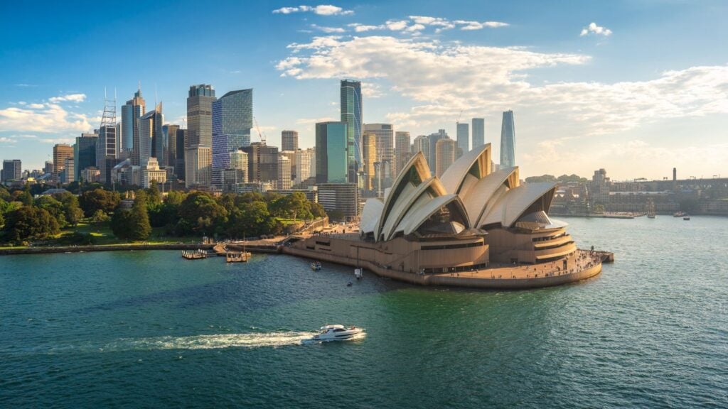sydney harbour opera house cityscape skyline aerial view